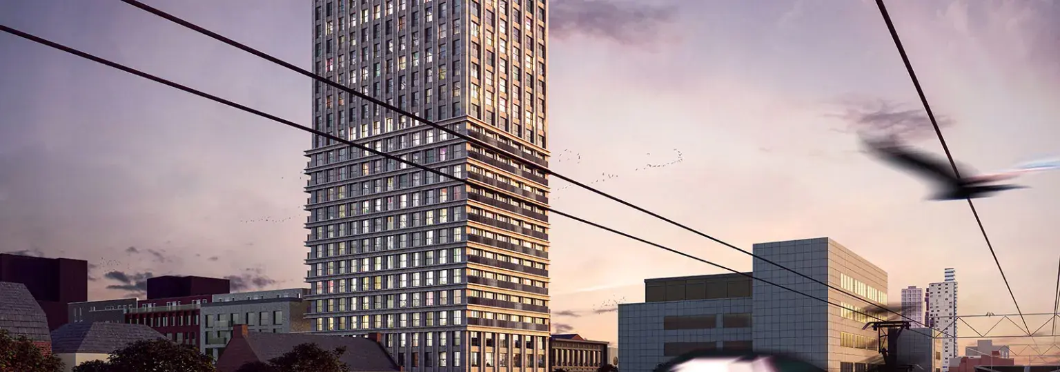 Artist impression van gebouw Bankier in Tilburg, 76 met hoge woontoren