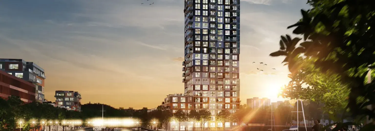 Foto van woontoren Hoge Vrijheid in de zonsondergang 
